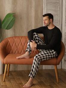 Men's Long Plaid Pajamas Cold Winter Flannel - 黑色 - 查看 5