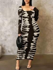 Đầm ôm sát dài tay, dài đến mắt cá chân, in họa tiết nhuộm màu tương phản, chất liệu co giãn thấp, hơi trong suốt, kiểu dáng thanh lịch, gợi cảm dành cho nữ, thích hợp cho mùa xuân/hè. - màu nâu - Xem 5