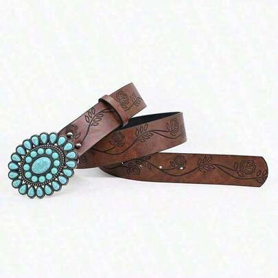 Cinturón de hebilla ovalada de turquesa de estilo bohemio de 3,8 cm de ancho, cinturón de cuero PU marrón vintage con relieve, cinturón de estilo occidental clásico para mujeres y niñas, cinturón tallado de zafiro, vestido, vaqueros, camisa, accesorio, regalo de vacaciones de verano, escuela de otoño, otoño, Halloween FE02