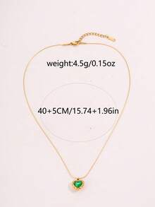 18K Gold Plated Green Heart & Red Heart Crystal Pendant Necklace, Bohemian Style Gold Summer Beach Vacation Accessories, Stainless Steel Delicate Cubic Zirconia Emerald Heart Necklace - Gold - View 2