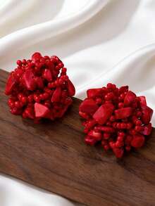 1 Pair Handmade Beaded Turquoise Earrings, Each Piece Unique, Elegant Earrings Suitable For Gifts - Red - View 3