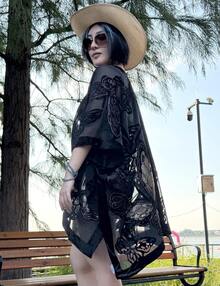 WeHello-Burnout Velvet Kimono For Women Long Cardigan Beach Cover Up Vacation Casual Shawl Swimwear Coverups Clothes Outfit Womenswear Chic Party Piece SpringStatements - 咖啡棕 - 查看 3