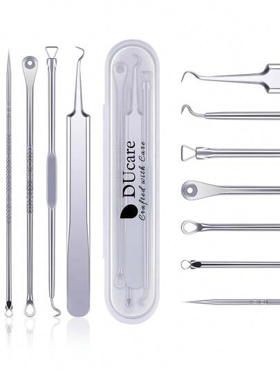 DUcare 4pcs Professional Blackhead & Pimple Remover Tool Set, Made Of Stainless Steel With Different Tip Designs To Precisely Target Blackheads, Whiteheads And Closed Comedones, Effectively Clears Stubborn Acne For Smooth, Blemish-Free Skin