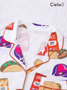 New 2-Piece Casual Women's Food Themed Sleepwear Set, Multi-Color Snack Printed Base, Short Sleeved Top And Pants, Spring And Autumn Casual Home Decor - trắng - Xem 4