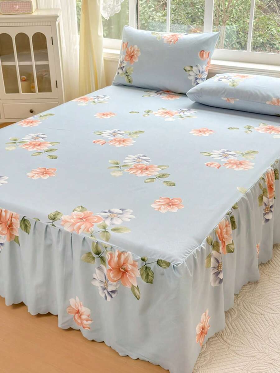 3件套（1件床裙，2件枕套）蓝色床裙，粉色蓝色大花朵印花设计，带荷叶边，全覆盖防尘罩，裙摆下摆，三件套褶皱床裙，含2个枕套床上用品套装