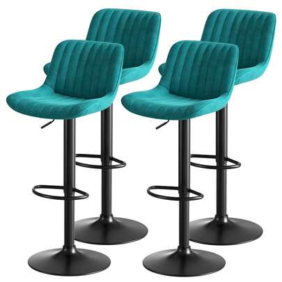 Set Of 4 Blue Velvet Swivel Bar Stools, Height Adjustable, For Dining Room
