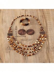 Wooden Bead Bohemian Style Handmade Beaded Necklace, Bracelet, Earrings - Multicolor - View 4