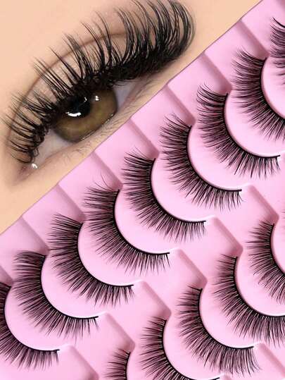 10对自然3D仿貂毛假睫毛，采用优质逼真纤维制成，蓬松自然，防水，适合自然妆、浓妆和日常妆容，也适用于角色扮演。