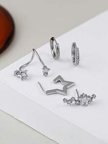 5pcs Cubic Zirconia Star Multilayer Pierced Earrings Set, Suitable For Women's Daily, Dating, Music Festival, Party Layering Matching - Silver - View 4