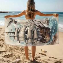 1pc Sailboat Pattern Microfiber Beach Towel - Quick Drying, Highly Absorbent, Suitable For Swimming, Camping And Daily Use - Modern Nautical Design With Boat And Seagull Patterns - 1 - View 1