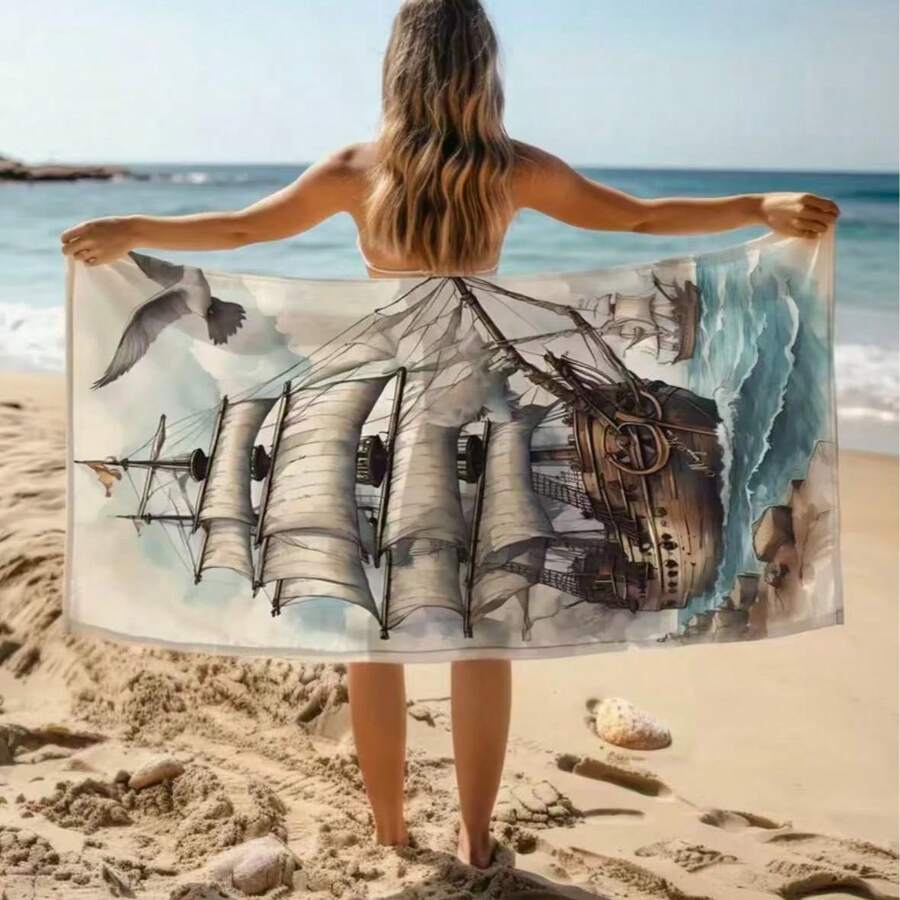 1pc Sailboat Pattern Microfiber Beach Towel - Quick Drying, Highly Absorbent, Suitable For Swimming, Camping And Daily Use - Modern Nautical Design With Boat And Seagull Patterns - 1 - View 1