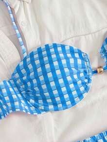 PEPPERMOLLY New Soft Solid Color Adjustable Strap Backless Elegant Party Bikini Set, Summer Beach Fashion Swimwear For Women Vacation - Blue - View 5