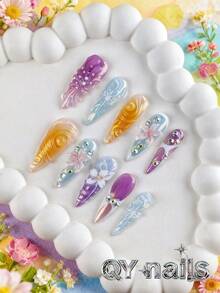 10 miếng dán móng tay hình hạnh nhân dài, kiểu dáng mùa xuân dễ thương, có thể tháo rời, phù hợp cho tiệc tùng, khiêu vũ, sử dụng hàng ngày, tiệc sinh viên, hóa trang công sở, kèm keo dán và dũa móng tay. - Nhiều màu - Xem 12