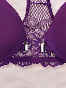 [Small Bust] 1pc Front Closure Design Beautiful Back Lace Patchwork Floral Print Women's Bra, Sexy Underwire Lingerie For Outerwear - Purple - View 9