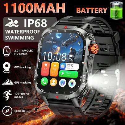 שעון חכם יוניסקס בגודל 2.01 אינץ' בסוללה של 1100mAh עם שיחות Bluetooth, מעל 100 מצבי ספורט, מעקב שינה, מד צעדים, תאורת LED, תחזית מזג אוויר, איתור טלפון, תואם לאייפון ואנדרואיד