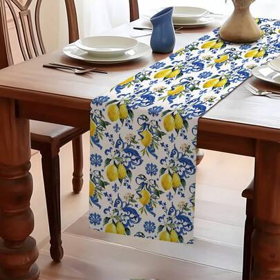 1件夏季蓝色大理石纹花卉柠檬中国风印花桌旗，100%涤纶亚麻质感面料，印花装饰，适用于餐桌、家居、厨房、客厅、日常装饰