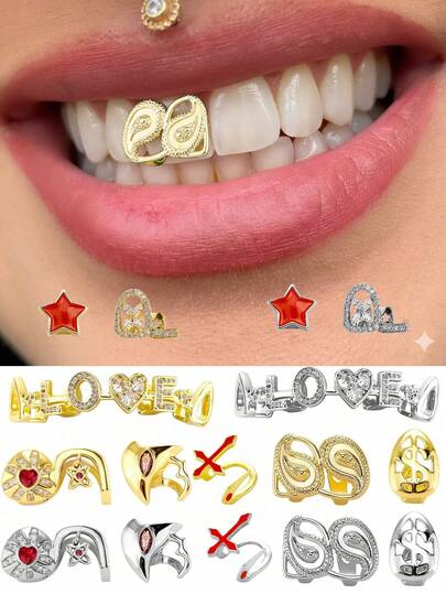1 chiếc răng giả mạ bạc kiểu Y2K rỗng, đính đá Cubic Zirconia, phụ kiện răng phong cách Hip-Hop unisex cho nam và nữ | Trang sức đường phố cho tiệc tùng, lễ hội âm nhạc, Halloween, cosplay, đi club.