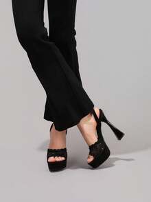 Fashionable Lace Embroidered Black High Heel Sandals, Open Toe Square Heel Wedge Slippers, High Platform Heels For Women, Sexy Party Shoes - Black - View 8