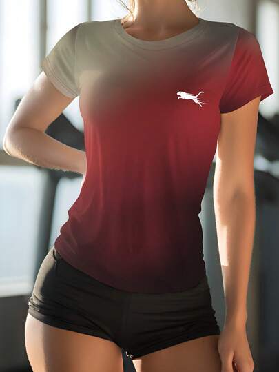 Camiseta de manga corta, cuello redondo, casual y transpirable para mujer, con estampado degradado, mezcla de poliéster, lavable a máquina, adecuada para deportes de verano, ocio y actividades de fitness