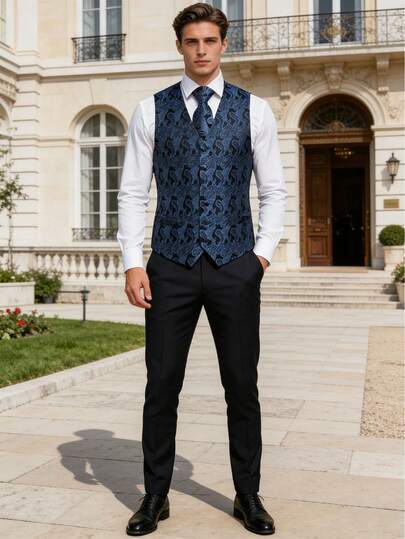 Plus Size Men's Blue Paisley Jacquard V-Neck Waistcoat Tie Pocket Square Cufflinks 4 Piece Set For Wedding Prom Banquet