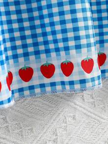 Girls' Sleeveless Strawberry Plaid Suspender Dress, Children's Casual A-Line Sundress, Suitable For Beach, Vacation And Birthday Party - Blue and White - View 5