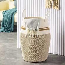 1pc Bohemian Style Laundry Basket, Large Woven Clothes Basket, 22 Inches Tall, With Extended Handle, Handwoven Storage Basket, Suitable For Bedroom And Bathroom, Foldable, Fabric Material, Open Design, Storage Basket For Blankets, Toys, Pillows, Towels And Baby Items. - Multicolor - View 4
