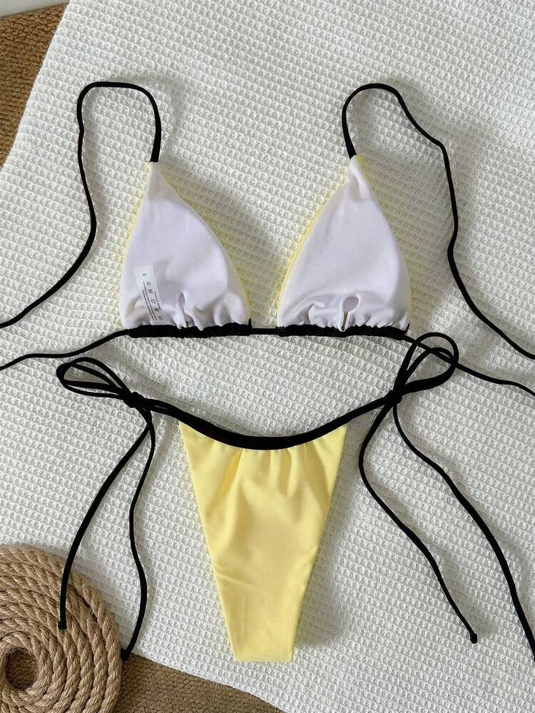 Nuevo conjunto de bikini rosa sólido con escote halter y espalda descubierta, para playa, fiesta en la piscina y vacaciones de verano - amarillo ganso - Añade 3