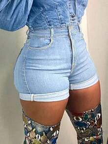 Pantalones cortos vaqueros de verano de cintura alta con dobladillo, versátiles y a juego, de estilo casual en color negro - Lavado ligero - Ver 1
