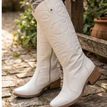 Women's Off-White Knee-High Boots, Rodeo Style, Boots With Embroidery, Casual Style - trắng - Xem 4