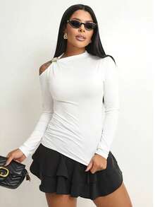 Women's Zoe Long Sleeve Blouse In Premium Supplex – Elegant With Buckle Detail - Asymmetrical Collar - Available In Other Colors - After Purchase, Please Send Us Your Chosen Color Via Chat - Photos In The Banner. - 白色 - 查看 9