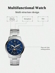 Fossil Đồng hồ đeo tay unisex bằng thép không gỉ, máy quartz, hiển thị chu kỳ mặt trăng, mặt số đen với 3 mặt số phụ, phù hợp để đeo hàng ngày và trong nhiều dịp khác nhau. FS5906 - Màu xanh lam - Xem 5