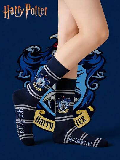  1 par de calcetines unisex, colaboración con Warner Bros. Serie escolar mágica, con diseños de casas y animales de dibujos animados, estilo académico cómodo, adecuado para fans de la película, para todas las estaciones