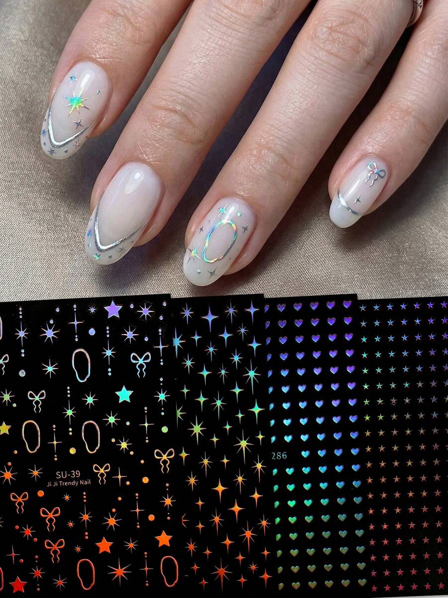 QIANJIKU 4片装全息极光星月美甲贴纸 - 彩色爱心星星蝴蝶结美甲贴纸 - 适合春夏、音乐节、派对、约会、DIY美甲装饰