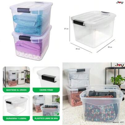 JOY - Caja de Almacenamiento Apilable Pack de 2 para Organizador Armario Juguetes Ropa con Broche y Tapa Duradera 29 Litros de Capacidad Plástico Libre de BPA Transparente