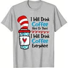 2026 SUMMER TopWhimsical 'I Will Drink Coffee Everywhere' Graphic Tee   Cat In The Hat Inspired Coffee Cup Design   Soft Black Short Sleeve Cotton T - 灰色 - 查看 4