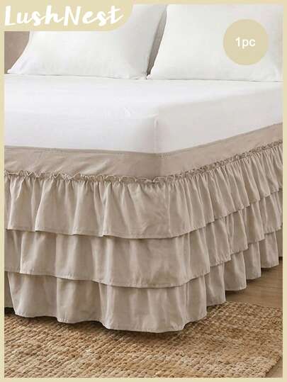 1pc Beige Gray Three Layer Ruffle Trim Bed Skirt (1 Piece), Simple Daily Classic Style, Comfortable And Breathable Polyester Fiber Suitable For All Seasons, Ideal For Bedroom Settings And Home Decoration, Ruffle Bedding, Minimalist Decor, Bed Skirt Styles, Neutral Tones, Seasonal Home