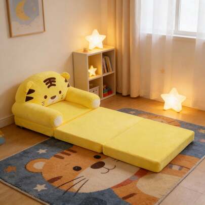 Foldable Kids Armchair Sofa Bed 2 In 1, Cute Cartoon Yellow Toddler Chair With Backrest For Bedroom Living Room