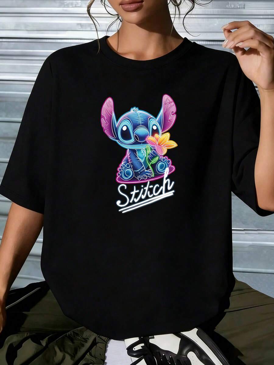 Disney Lilo And Stitch Neon Floral Graphic T-Shirt, Cute Stitch Oversized White TeeThis Women's Crew-Neck Cropped Top Is Suitable For All Seasons And Perfectly Suited For Any Occasion-Whether For Everyday Wear, A Shopping Trip, Or Attending Parties And Gatherings, It Is An Excellent Choice. It Serves Not Only As An Ideal Staple For Your Daily Wardrobe But Also As A Thoughtful Gift For Friends And Family. - 黑色 - 查看 1