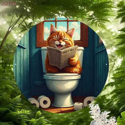 8*8 Zoll witziges Katze liest Zeitung rundes Schild, Katze Toilette Zeitungsszene, Küche/Badezimmer Dekoration, Heimdekoration, Weihnachten, Neujahr, tolles Geschenk