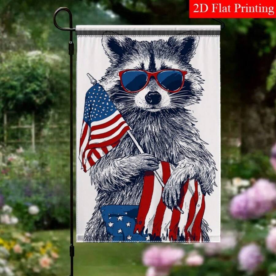 2D Flat - 2D Flat - A Single 2D Flat Garden Flag Featuring A Raccoon Wearing Glasses And An American Flag Design, Ideal For Outdoor Decoration In Your Yard Or Porch.This Charming Small Flag, Measuring 18 By 12 Inches - A - Xem 1