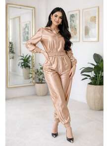 Women's Set: Long-Sleeved Blouse With Shoulder Pads And Jogger Pants In Thick Satin Crepe With Elastane, Fitted Cuffs, Stylish, Modern And Sophisticated - 金色 - 查看 10