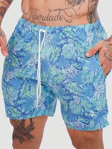 Men's Basic Blue Foliage Shorts In Tactel Fabric With Pockets And Drawstring - Ideal For Beach, Training, And Running. - Southeast Foliage - View 1