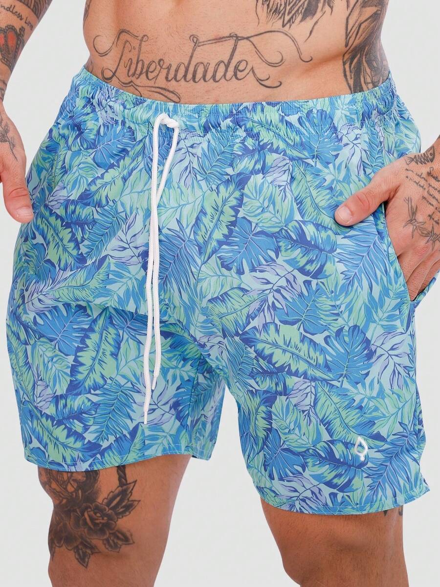 Men's Basic Blue Foliage Shorts In Tactel Fabric With Pockets And Drawstring - Ideal For Beach, Training, And Running. - Southeast Foliage - View 1