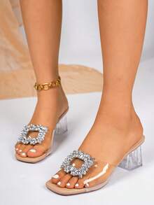 2026 New Summer Women's Thick Heel Strap Sandals, Open Toe Crystal Transparent Rhinestone Square Buckle Fashion Versatile High Heel Sandals - Apricot - View 4