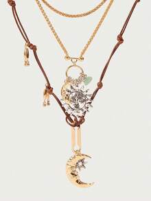 Collar multicapa vintage ocultista para mujer, cadena dorada de clavícula con sol, luna y estrella, accesorio elegante y minimalista de color oro - Multicolor - Ver 4