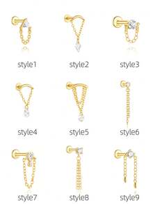 1pc 925 Sterling Silver Tassel Chain Earring, Delicate Cartilage Ear Stud, Flat Back Earring For Women - Gold - View 15