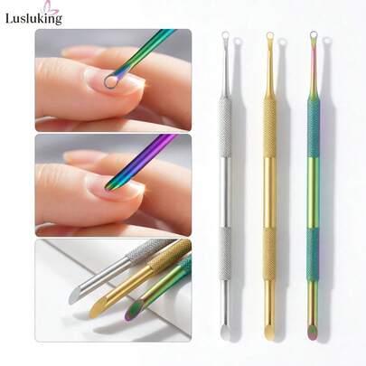 LUSLUKING 1 dụng cụ đẩy biểu bì và loại bỏ da chết hai đầu bằng thép không gỉ, dùng cho làm móng và nghệ thuật vẽ móng, làm sạch và chăm sóc móng.