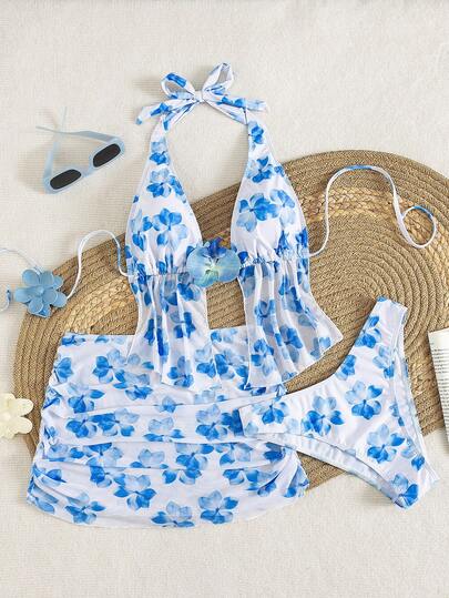 Conjunto de traje de baño de verano para mujer 2026, bikini con tirantes finos de estampado aleatorio, sexy, elegante traje de baño para vacaciones en la playa, adecuado para el Día de San Valentín, moda diaria, vacaciones de verano