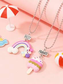 2pcs/Set Girls Cute Ice Cream Pendant Necklace Set, Eternal Friendship Jewelry For Best Friends, Daily Wear, Sister Gift, Birthday Present - Multicolor - View 2