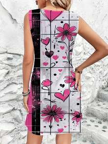 Floral And Heart Print Sleeveless Dress Women Round Neck Casual Comfortable Summer Outfit Streetwear Fashion Dress - Nhiều màu - Xem 2